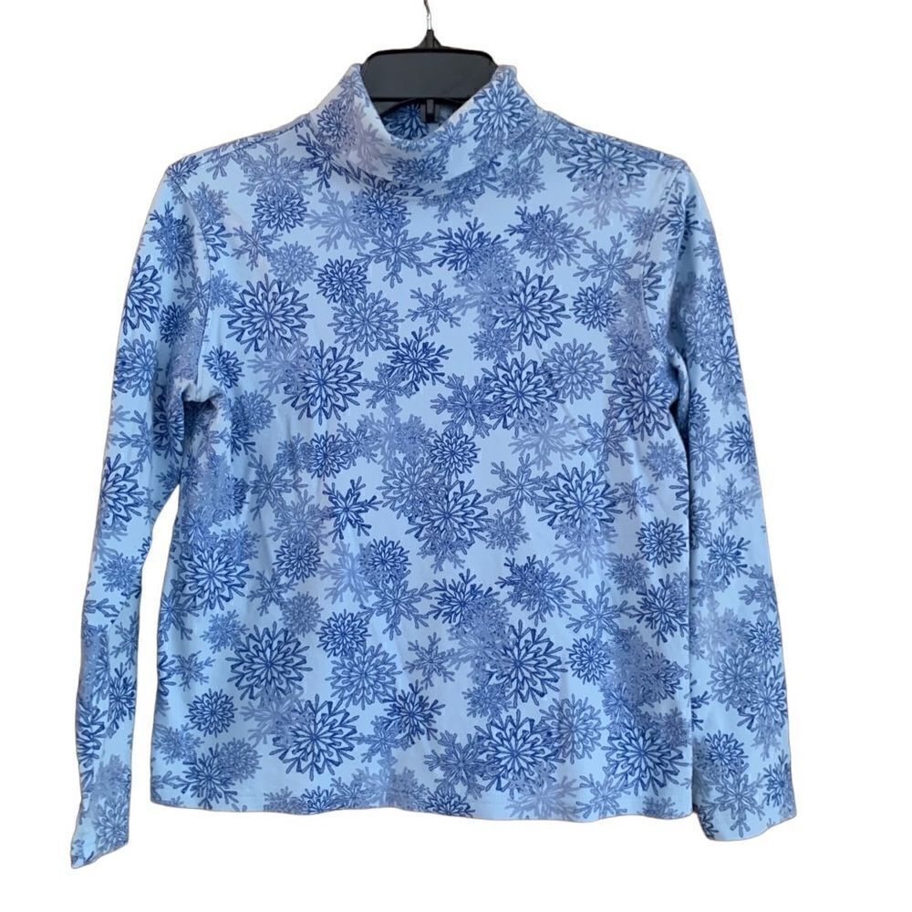 Holiday Editions Blue Snowflake Print Turtleneck Pullover Top Size Small